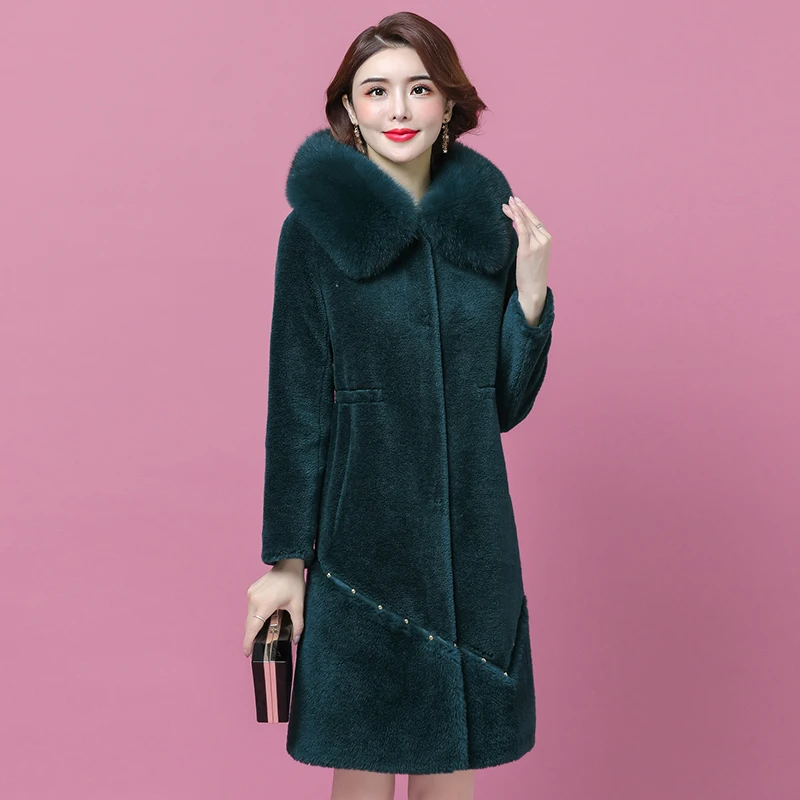 HANZANGL Sheep sheared coat Winter Wool Coat Women's Fox Fur Collar Hooded Warm Cashmere Jacket Long Fur Overcoat L-4XL