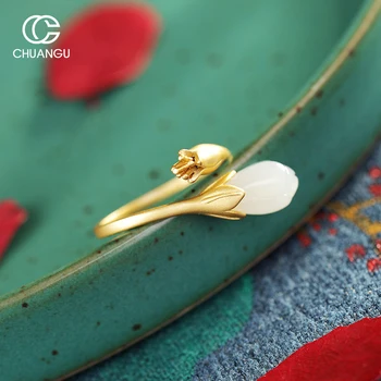 

S925 pure silver inlaid with natural Hotan white gold magnolia temperament upscale female ring sterling silver rings