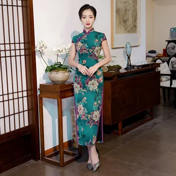 

Green Print Flower Women Elegant Evening Dress Ankle-Length Vintage Slim Chinese Retro Cheongsam High Split Stage Show Qipao