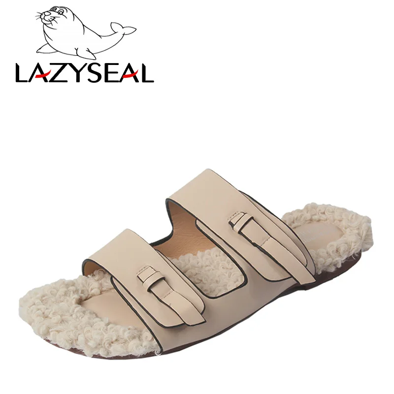 LazySeal; Новинка; домашние тапочки из пуха; женская обувь на Плоском Каблуке; нескользящие женские пушистые шлепанцы с эластичной лентой; сезон осень; женские повседневные вьетнамки - Цвет: Beige