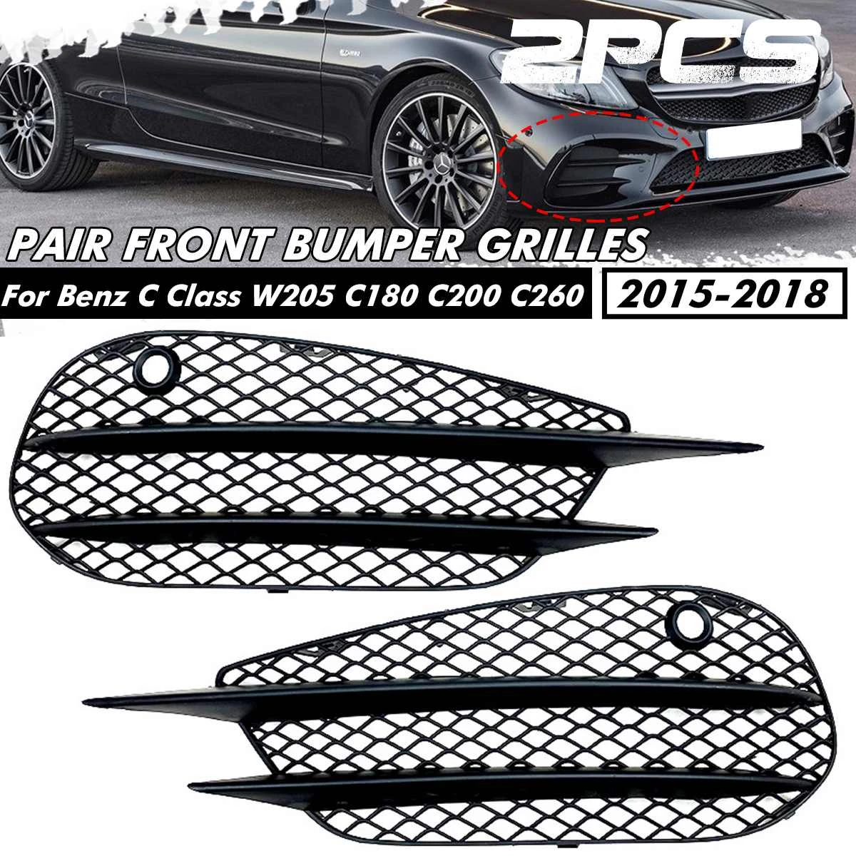 For Mercedes Benz C Class W5 C180 C0 C260 15 16 17 18 Black Front Bumper Grill Grille Fog Light Cover Racing Grills Aliexpress