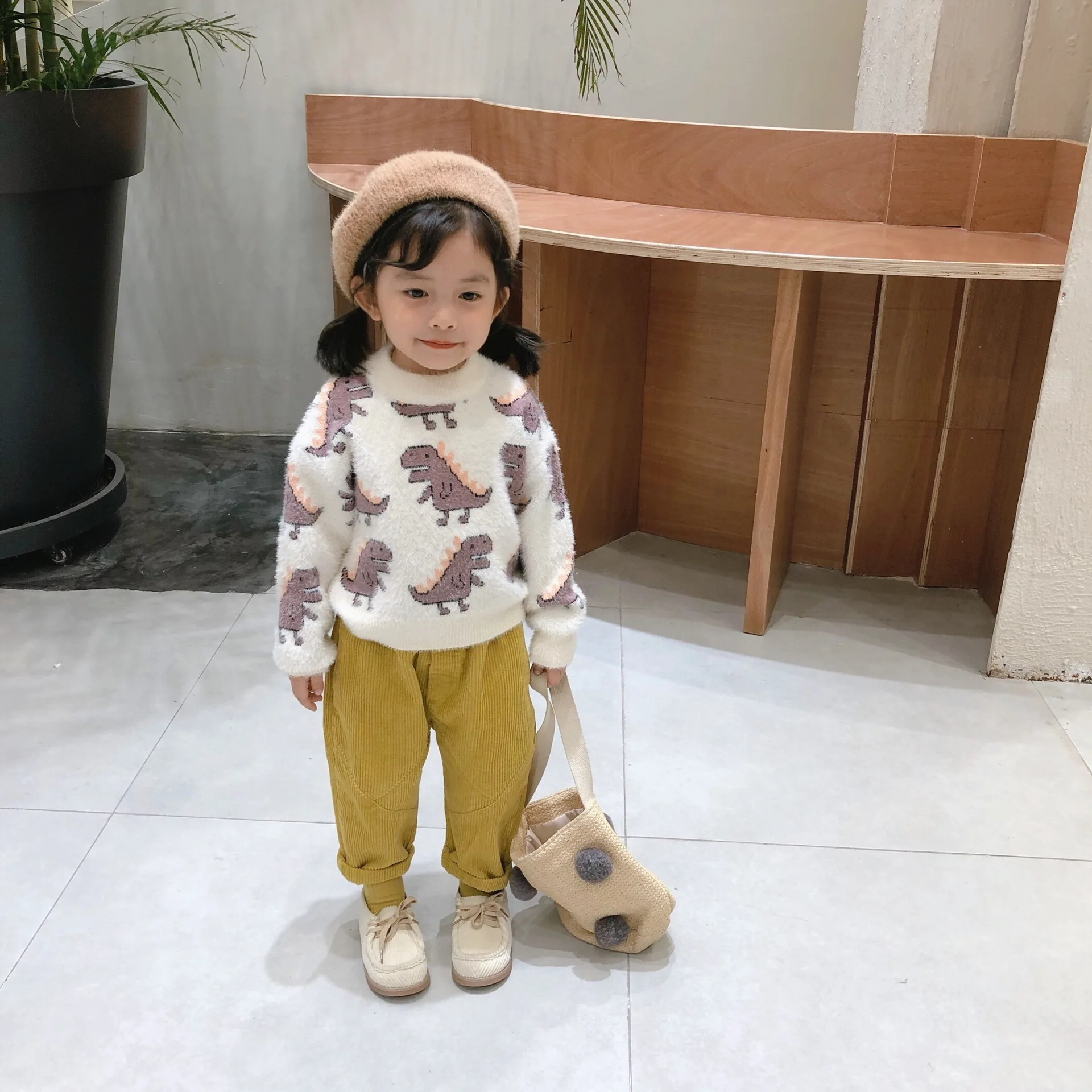 Online 2019 Otoño e Invierno nueva llegada estilo coreano algodón dinosaurio patrón todo fósforo grueso casual suéter para las niñas dulces