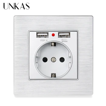 

UNKAS Aluminum Panel Grey EU Power Wall Socket Dual USB Charging Port 2.1A 16A Russia Spain LED Indicator Black Gold Gray Outlet