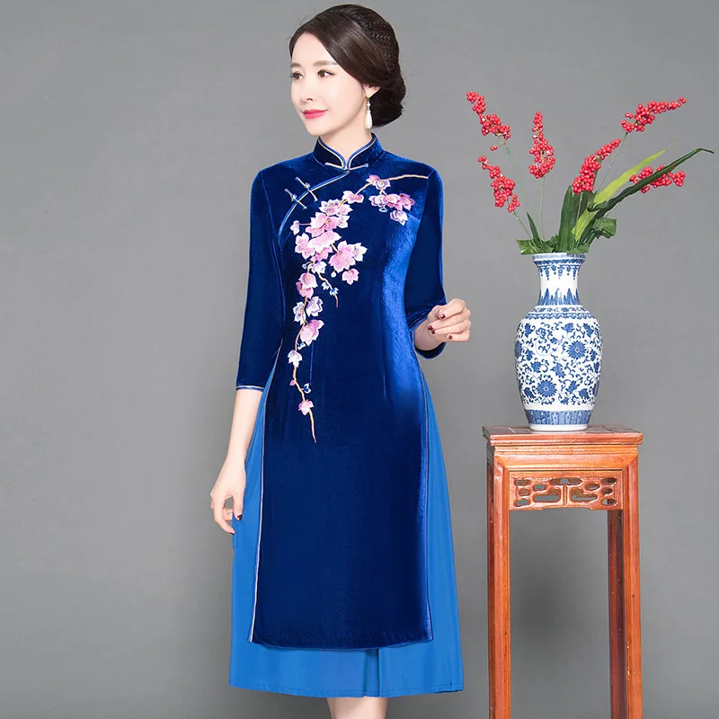 Синий бархат Cheongsam элегантные женские вечерние платье для выпускного вечера сексуальный китайский стиль воротник стойка Qipao зима цветок тонкий Vestidos