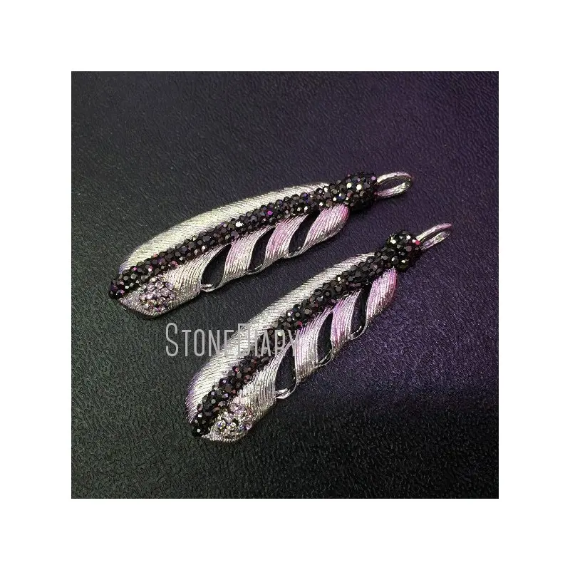 

PM115 Copper Jewelry Black Rhinestone Paved Feather Shape Pendant Silver Plated Boho Bohemian Gift Ideas