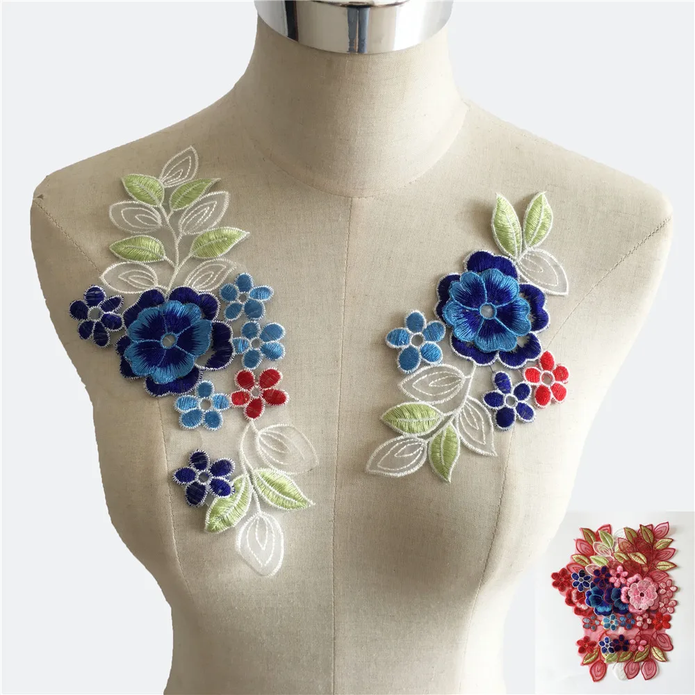 

High quality Embroidery Lace fabric 3D flower application Laces collar DIY Sewing Craft supplies dress accessory A pair of sale