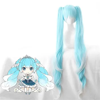 

Vocaloid Hatsune Snow Miku Cosplay Wig Gradient Blue 120cm Long Wavy Synthetic Hair With Chip Ponytails