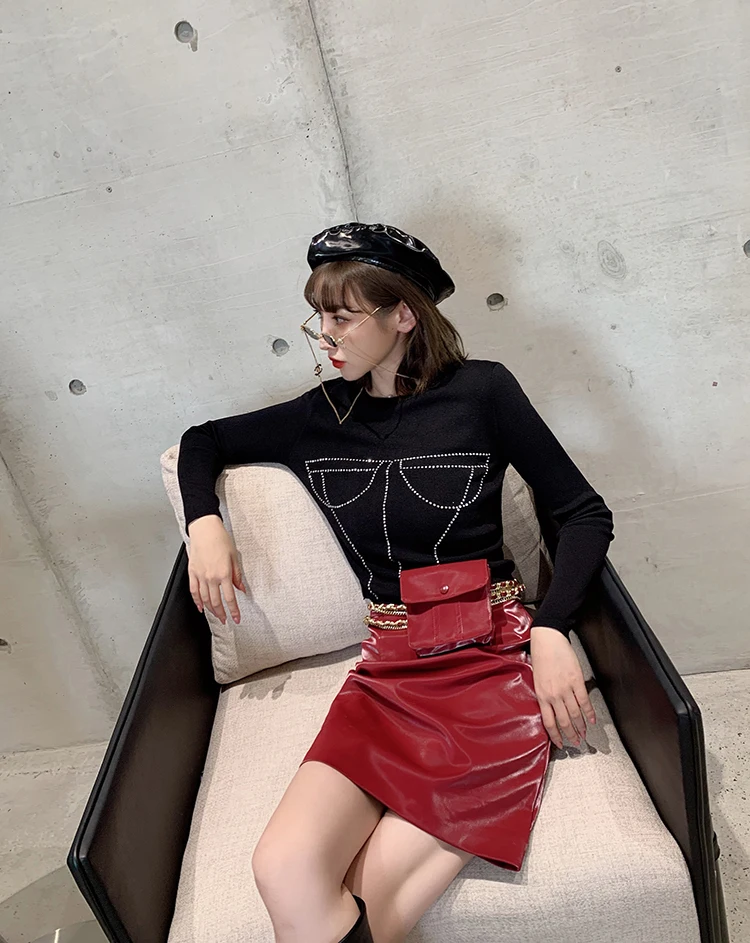 BONJEAN A-Line Юбка с Сумкой 2019 Осень Одежда с Высокой Талией Красная PU Кожаная Юбка для Женщин Повседневная Черная Мини-Юбка BJ1571