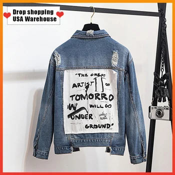 

OUSHANG Vintage Fabric Patchwork Denim Jacket Women Cowboy Jeans 2019 Autumn Frayed Ripped Hole Jean Jacket Basic Coat