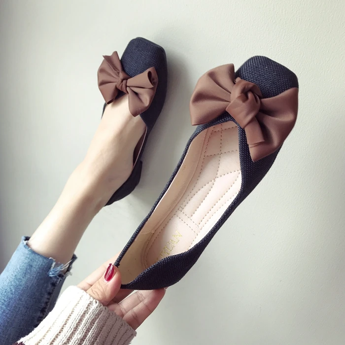 Cloth shallow mouth square head shoes spring and summer new bow flat with flat shoes