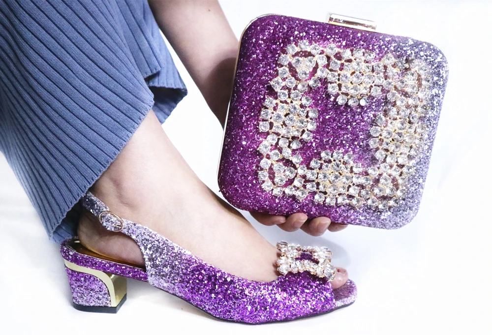

Newest low heel italian shoes and bag matching set in the gradient purple color shinning party shoes and bag set SB8458-2