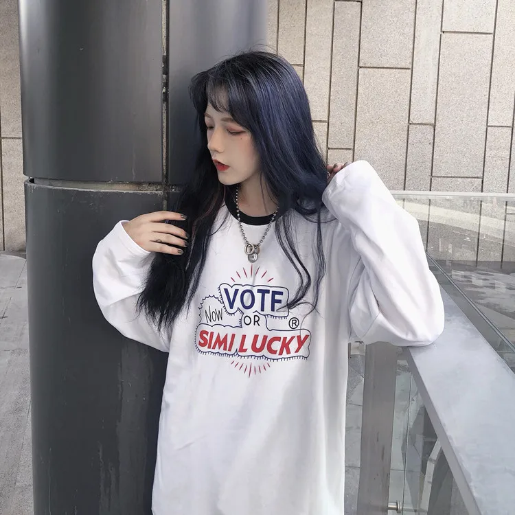 Xian 183 bai Harajuku/женская футболка с длинным рукавом в стиле хип-хоп, Ulzzang, футболки в Корейском стиле с буквенным принтом, осенние модные черно-белые топы для девочек - Цвет: Xian 183 bai