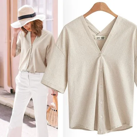 

2018 Summer New Style Ozhouzhan V-neck Large Size WOMEN'S Shirt Elegant Cotton Linen Loose-Fit Slimming Short Sleeve Sleeve Shir