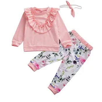 

AU Toddler Baby Girl Kids Ruffles Tops Floral Pants Headband Cotton Clothes Sets