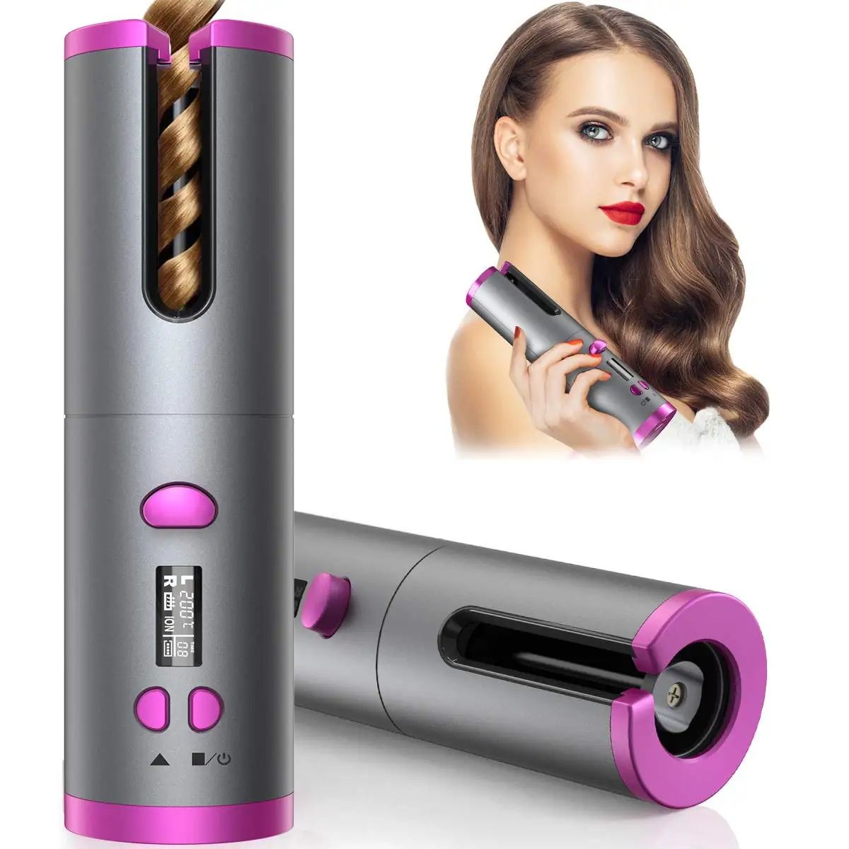 Cordless Hair Curler Automatic Curling Iron USB Rechargeable Curling Hair for Hair Curlers Waves LCD Display Ceramic Curly