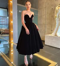 

2022 Modern Black Velvet Evening Dresses Sweetheart Lace Up Formal Party Gown Tea Length Vestidos Fiesta Robe De Soirée