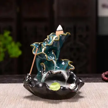

Lotus Ceramic Censer Buddhist Decor Lotus Leaf Backflow Incense Burner Incense Cone Sticks Holder Smoke Waterfall Incense Burner