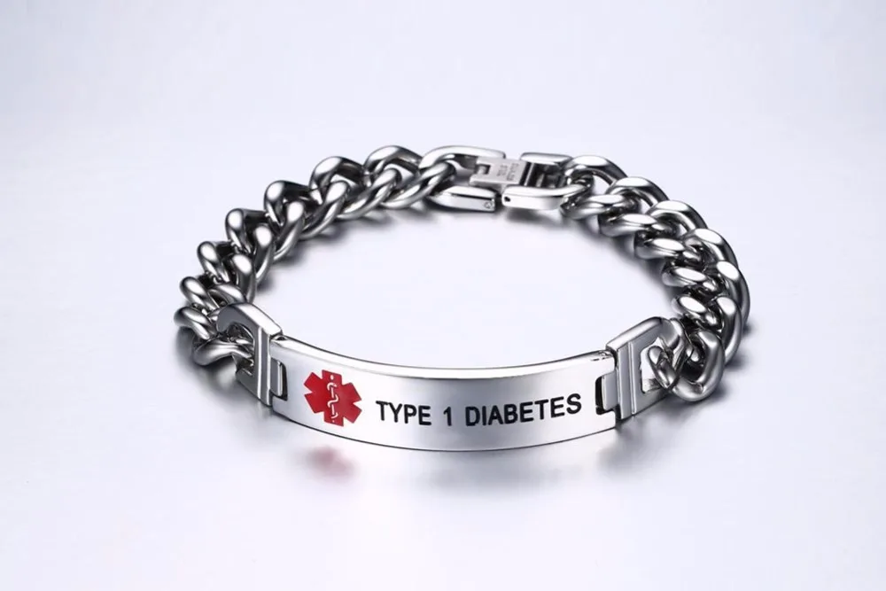 Mens Medical Alert ID Bracelets Stainless Steel Link Chain Wristband TYPE 1 DIABETES 15