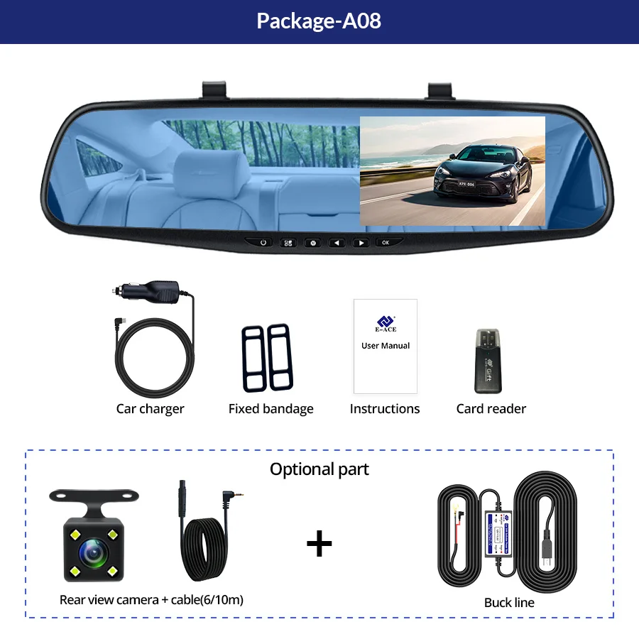 E-ACE A08 Автомобильный видеорегистратор 4,3 дюймов камера Full HD 1080 P автоматическая камера зеркало заднего вида с видеорегистратором и камерой