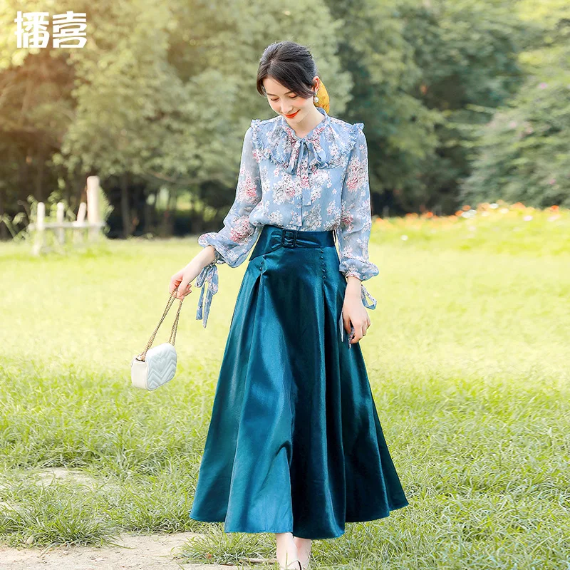 TIYIHAILEY Free Shipping 2022 New Boshow Long Maxi Women Skirts With Belt Elastic High Waist Autumn Spring Blue A-line Vintage free shipping 5pcs lot htd3m 3m 10mm width rubber closed loop timing belt 159 162 165 168 171 174 177 mm