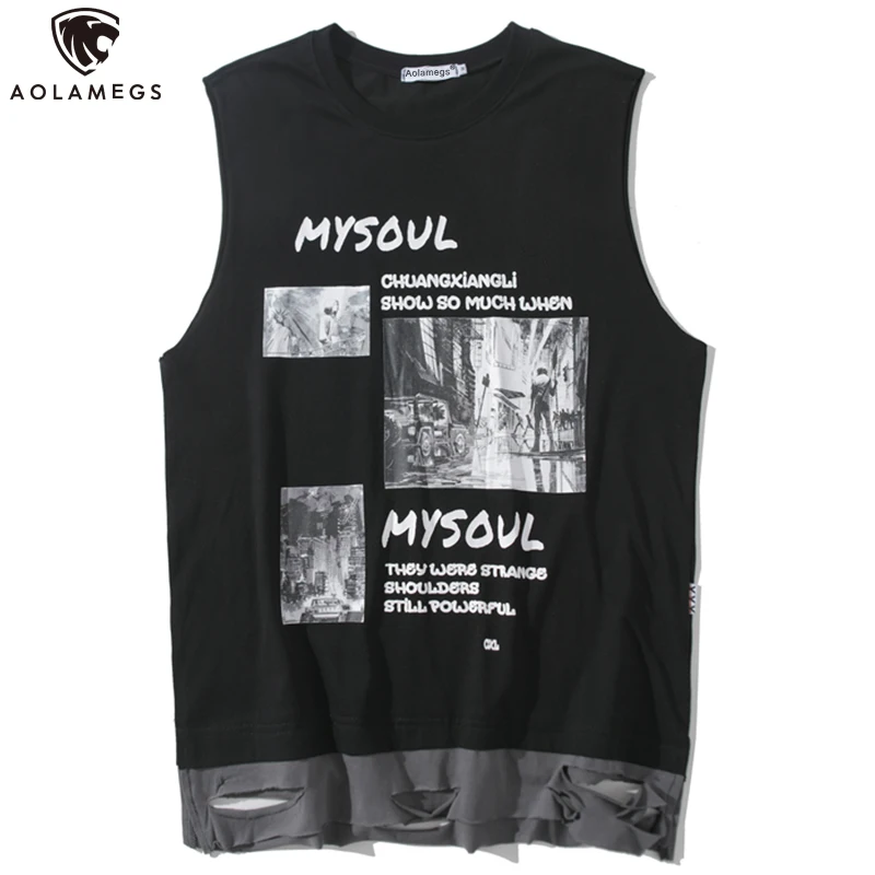 

Aolamegs Tank Tops Men Retro Esthetics Print Broken Hole Men's Vest Cotton Sleeveless Fitness mesh top Summer Couple Streetwear