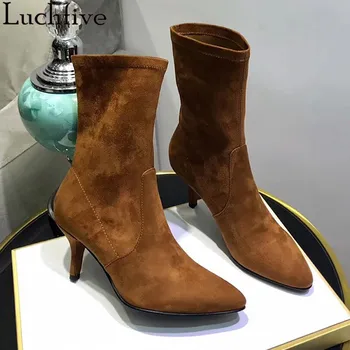 

New Elastic Winter Boots Sexy Kitten Heels Shoes Woman Pointy Toe Party Sock Boots Women Runaway Brown Zapatos De Mujer