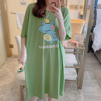 

Female Cartoon Print Sleepwear Dress Women Summer Cotton Nightgowns Short-sleeved Korean Loose Sleepshirts Cotton Home Dress