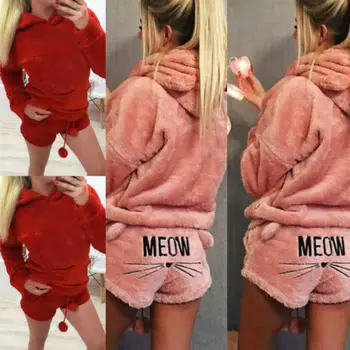 

Womens Ladies Warm Long Sleeve Hoodie+Shorts Tow Piece Set Pajamas Outfits Sleepwear