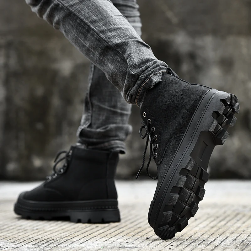 Black Warm Winter Men Boots Genuine Leather Ankle Boots Men Winter Work Shoes Men Military Fur Snow Boots for Men Botas