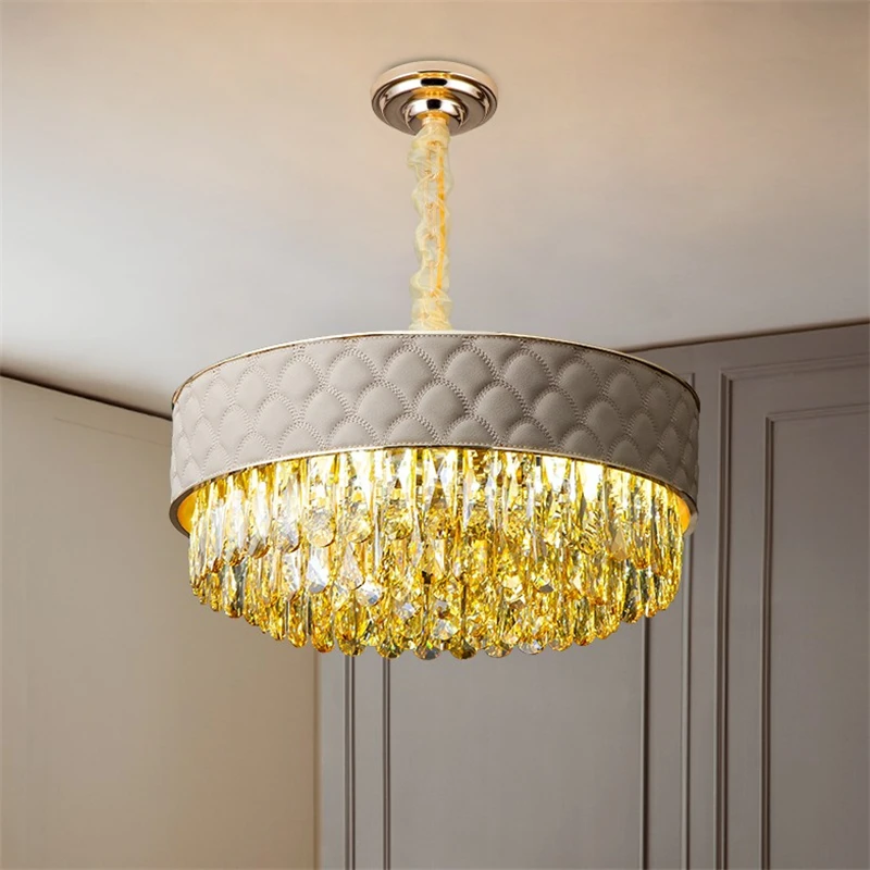

Luxury LED Crystal Chandeliers Lighting For Hotel Living room Loft Hanging Chain Nordic Leather Crystal Chandelier Bedroom Lamp