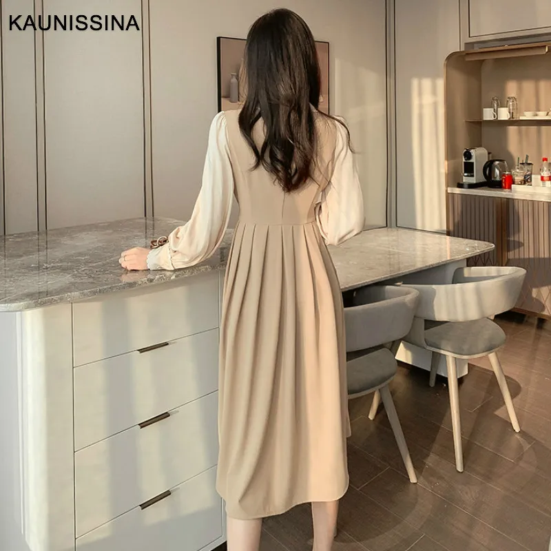 KAUNISSINA корейское платье элегантные коктейльные платья с длинным рукавом отложной воротник Лоскутные вечерние платья платье для выпускного вечера