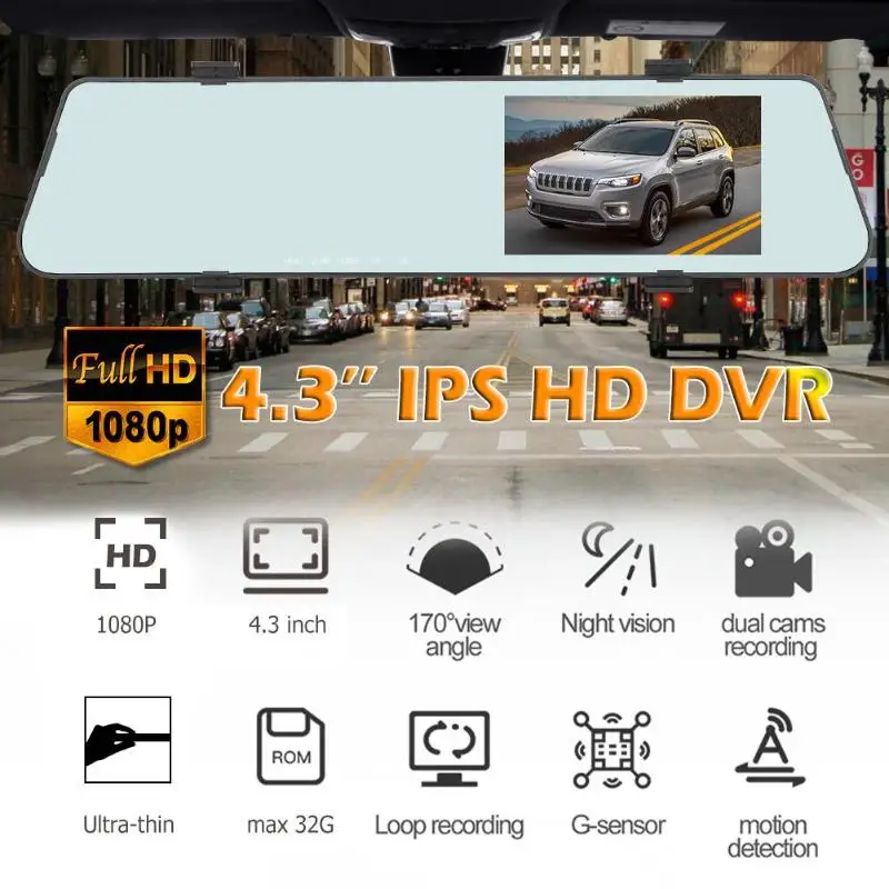 VODOOL L700 1080P HD Автомобильная dvr камера 4,3 дюймов ips Двойной объектив зеркало заднего вида Dashcam видео рекордер 170 градусов широкоугольный видеорегистратор
