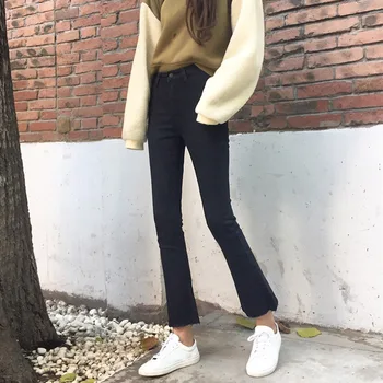 

Autumn Women's Wear New Korean Version Of High Waist, Slim Hairline, Micro Bell Trousers, Elastic Jeans, Nine-minute Trousers An