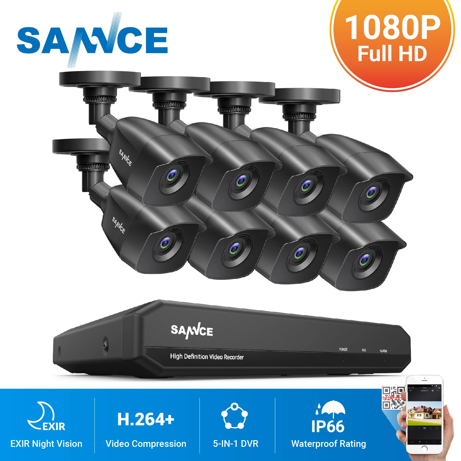 Kit Di Sorveglianza Per Visione Notturna Impermeabile Sannce 8Ch 1080P 2.0Mp Hd Cctv System Video Recorder 8Pcs 1080P Cctv