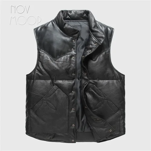 Novmoop Канада шикарный стиль 90% жилет на белом утином пуху мужские натуральная кожа Теплые moto байкерская куртка для женщин Мужчины sobretudo манто LT2836 - Цвет: Black