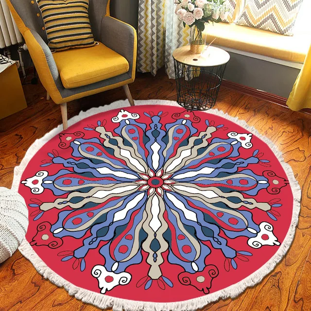 ​Home Decor Retro Bohemian Round Carpet Hand Woven Cotton Linen Carpet Rug Bedside Rug Geometric Floor Mat Living Room Carpet Y