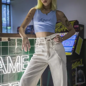 

Hip Hop Bell Bottom Pants High Waist Streetwear Hole Chain Loose Jeans Black White Winter Pants Women Trousers Pantalon Mujer