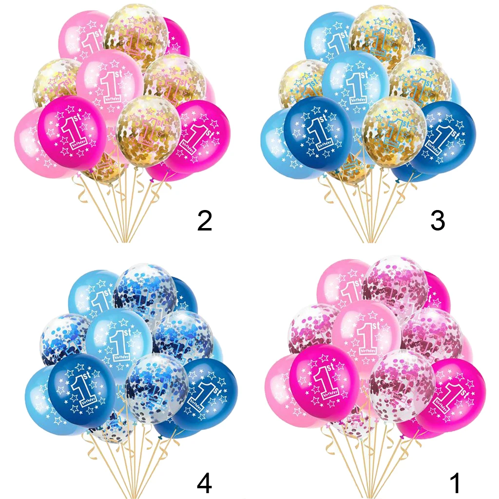 15 Pack Premium Quality Latex Balloons with Paillette Confetti and Ribbon 1st  Birthday Party Baby Shower Decor Accessory