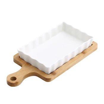 

Creative Restaurant Ceramic Baking Pan Oven Bowl Plate Cheese Baked Rice Plate Rectangular Baking Tableware Bamboo Mat
