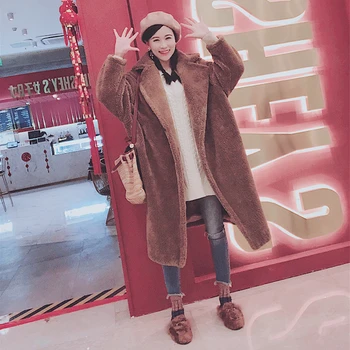 

korean Lamb Fur 2019 Loose Coat Woman Long teddy Bear Coat Winter warm long Teddy Coat Women Plus Size Faux Fur Jacket Pink tops