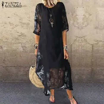 

Elegant 3/4 Sleeve Midi Vestidos Women's Summer Sundress 2020 ZANZEA Bohemian Lace Dress Female O Neck Floral Robe Oversized 5XL