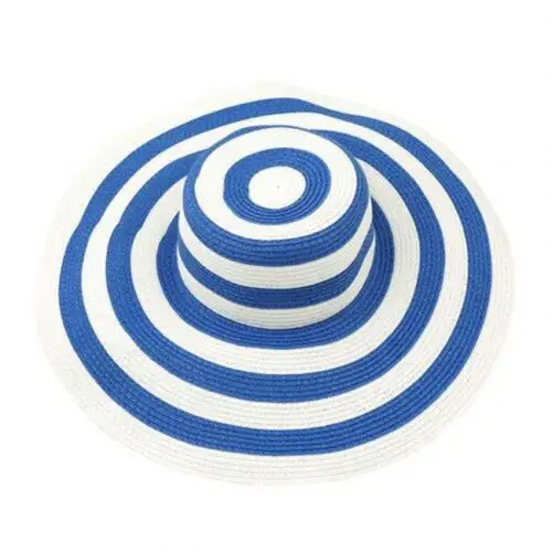 Blue White Женская мода полоса с широкими полями флоппи Соломенная складная шляпа летняя пляжная солнцезащитная Кепка - Цвет: Blue White