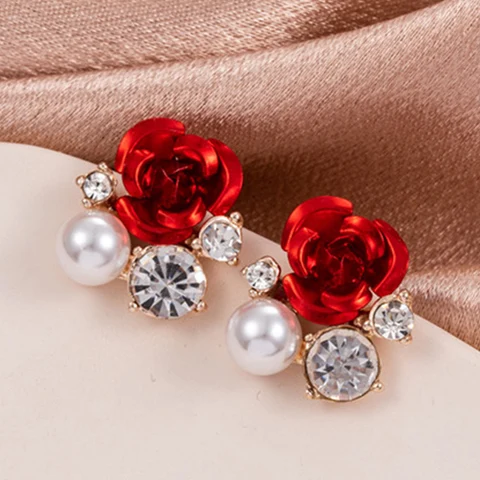 Fashion Jewelry Red Rose Drop Earrings Women Vintage Rhinestone Flowers Dangle Earring Weddings Engagement Party Jewelry