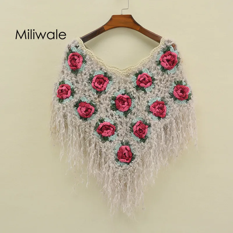 

New Autumn Winter Women Poncho Cape Handmade Crocheted Hollowout Lady Pullover Wrap Scarves Tassel Fashion Feme Cape
