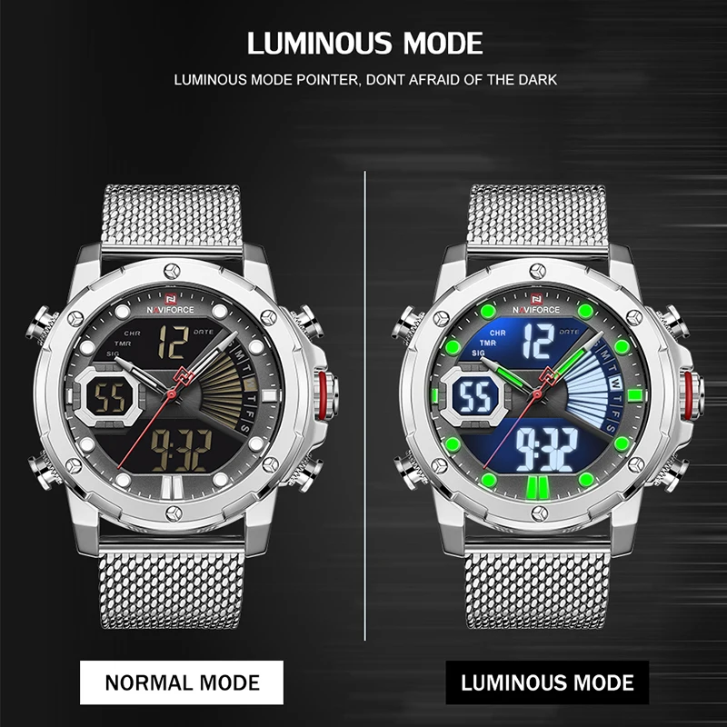 NAVIFORCE, Роскошные мужские часы, кварцевые, стальной ремешок, военный, светодиодный, цифровые, спортивные наручные часы, водонепроницаемые часы, Relogio Masculino