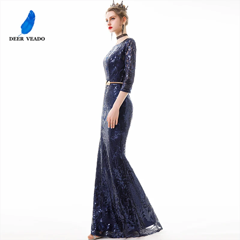 DEERVEADO Sexy Mermaid Evening Dress Long Formal Party Dresses Evening Gown Sequins Lace Occasion Dresses with Belt YS455