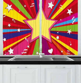 

Multicolor Colorful Kitchen Curtains Pattern Cartoon Style Stars Sun Beam Like Stripes Entertaining Party Scene for Kitchen