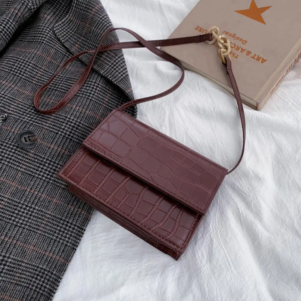 

Vintage Flap Crossbody Bag for Women 2019 Square Pure Color Retro Lady Shoulder Handbags Female Wide Stone Pattern Messenger Bag