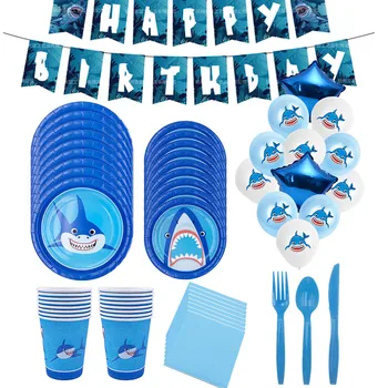 

1pack Shark theme Latex balloon For Kids Birthday Decoration Disposable Tableware Set Paper Plates Cup tablecloth Party Supplies