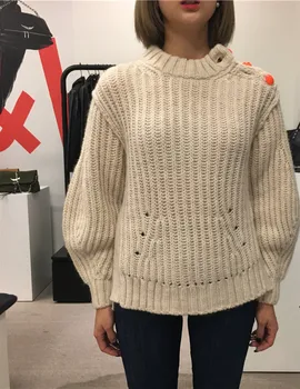 

Women's Solid Color Sweater Shoulder Button Split O-neck Long Sleeve Autumn Winter Pullover Top